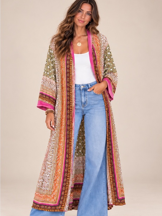 One Hundred Stars Other - One Hundred Stars Long Open-Front Kimono Cardigan with Pockets